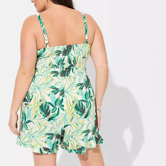 Torrid 5 (5X 28) Green Tropical Palm Tie Front Challis One Piece Shorts Romper - Picture 3 of 4